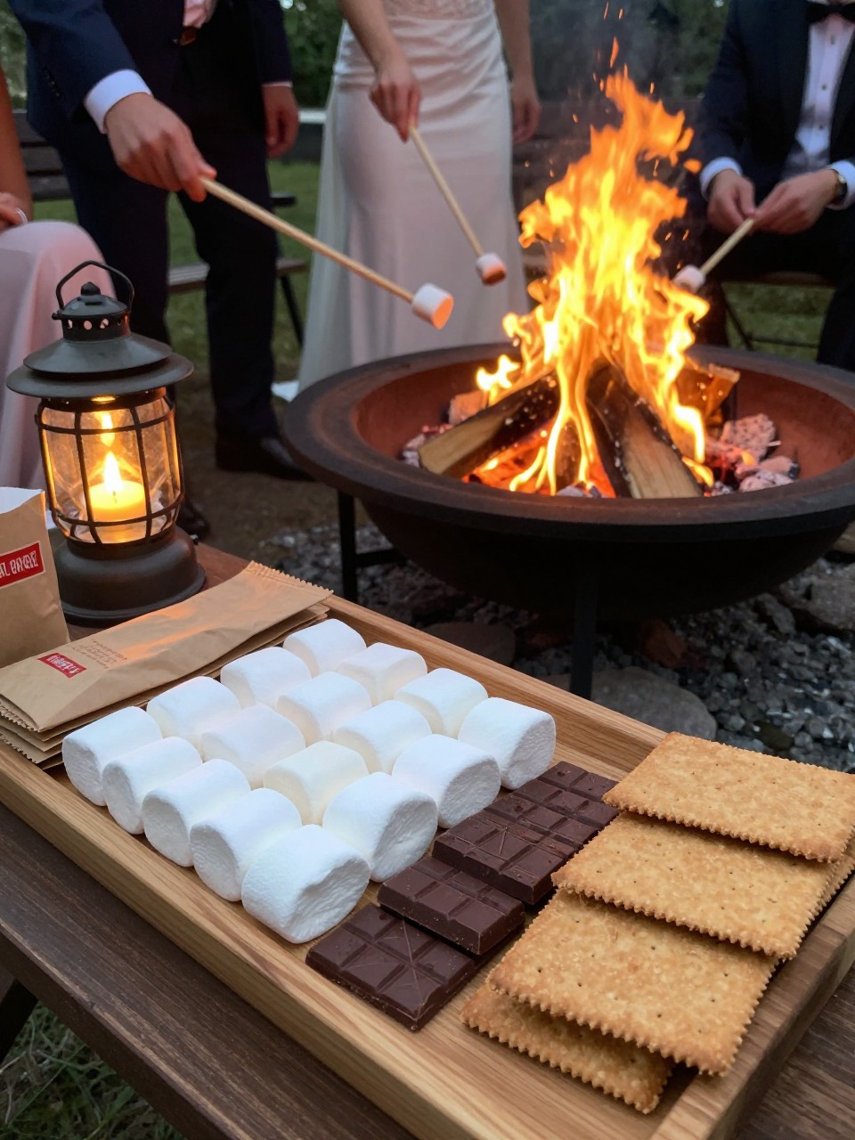 Photo of a campfire s’mores bar with wooden trays of marshmallows, chocolate, graham crackers, and paper bags for kits beside a glowing fire pit, camera angle: detail close-up, setting: campfire circle area, lighting: candlelight glow from lanterns and firelight, containing subtle real wedding activity such as guests roasting marshmallows and a couple holding sticks nearby, latest iPhone photo quality.