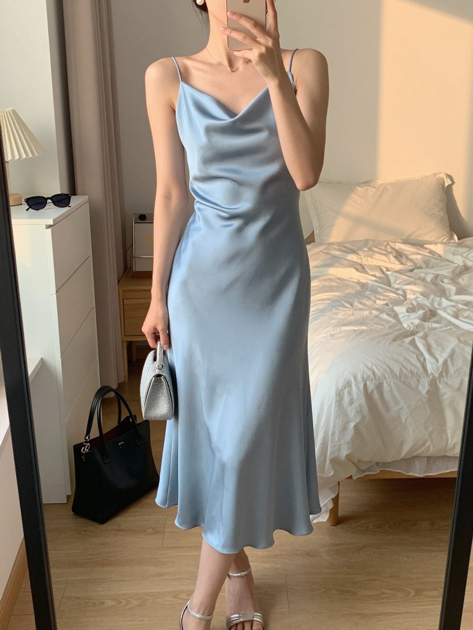 mirror selfie of a woman wearing a soft blue satin midi dress, pearl stud earrings, silver strappy heels, and a small silver clutch, holding a phone in front of a mirror, cropped at NECK so face doesn't show, with a natural casual selfie pose, in a feminine-themed bedroom, evening golden hour, including small lived-in details like a tote bag on the floor, sunglasses on a dresser, or soft bedding in the background, latest iPhone photo quality.