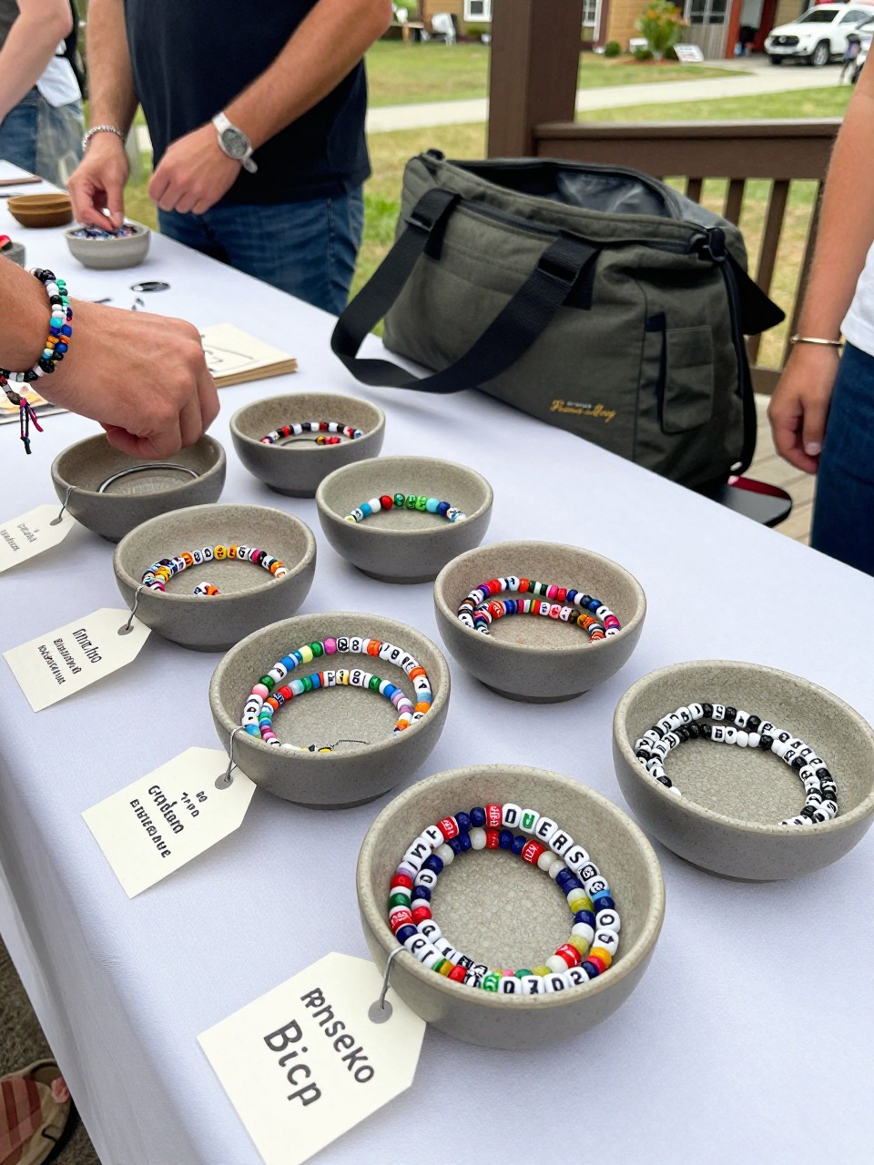 Photo of small bowls of colorful friendship bracelets on a check-in table with a simple handwritten tag and camp-themed decor, camera angle: detail close-up, setting: camp welcome table near the lodge, lighting: natural daylight, containing subtle real wedding activity such as guests reaching for bracelets and weekend bags resting nearby, latest iPhone photo quality.