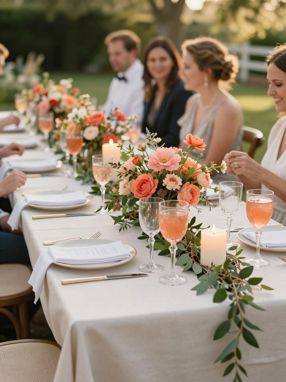 Photo of a late summer outdoor reception table with ivory linens, coral floral arrangements, greenery garlands, and neutral candles, camera angle: detail close-up, setting: garden reception tables, lighting: golden hour, containing subtle real wedding activity such as coral drinks on the table and guests smiling nearby, latest iPhone photo quality.