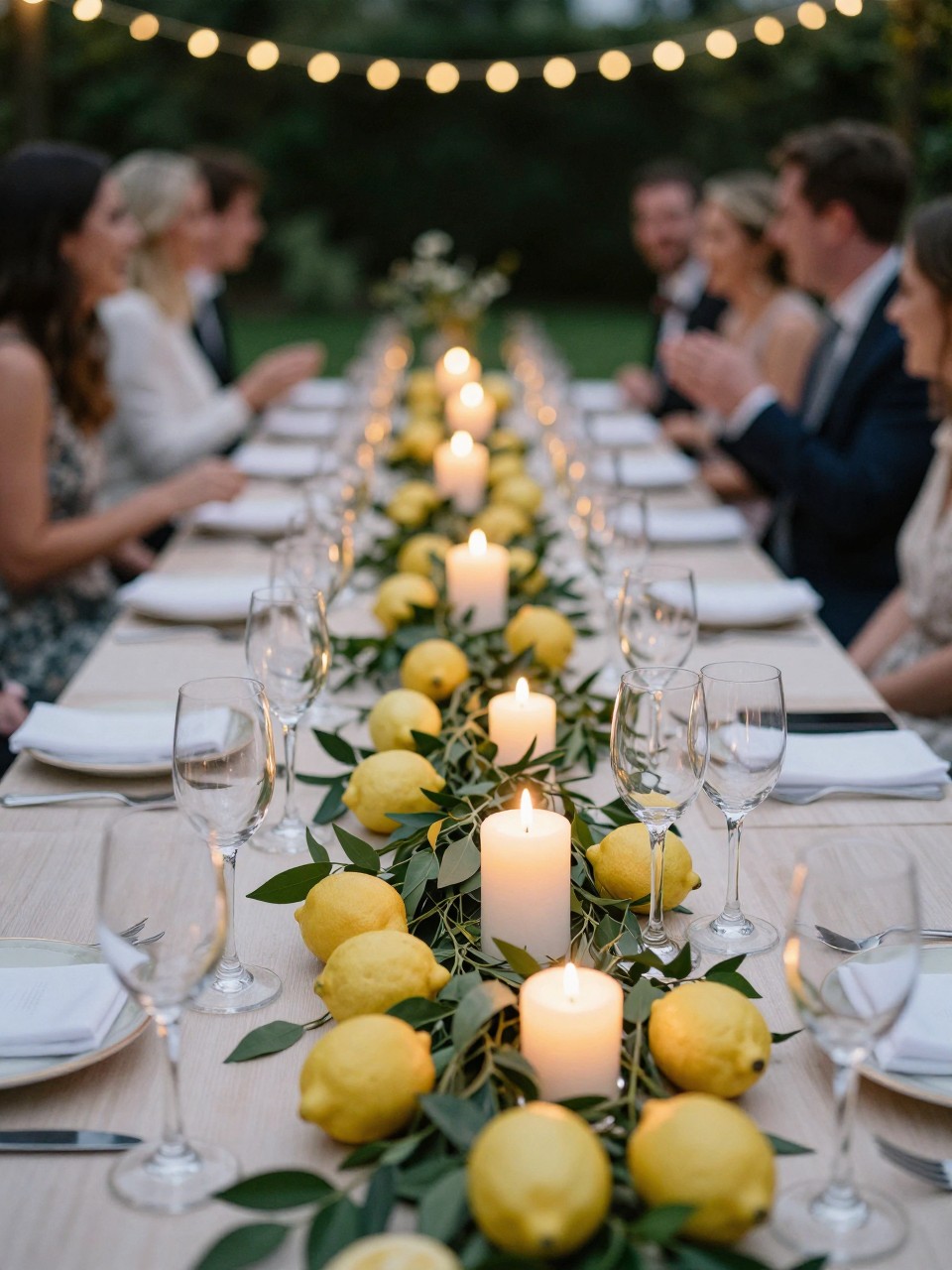 Photo of a long garden reception table under string lights with a greenery runner, scattered fresh lemons, and mixed-height candles glowing between wine glasses, camera angle: detail close-up, setting: outdoor garden reception tables, lighting: soft reception lighting with candlelight glow, containing subtle real wedding activity such as champagne flutes on the table and guests laughing in the blurred background, latest iPhone photo quality.