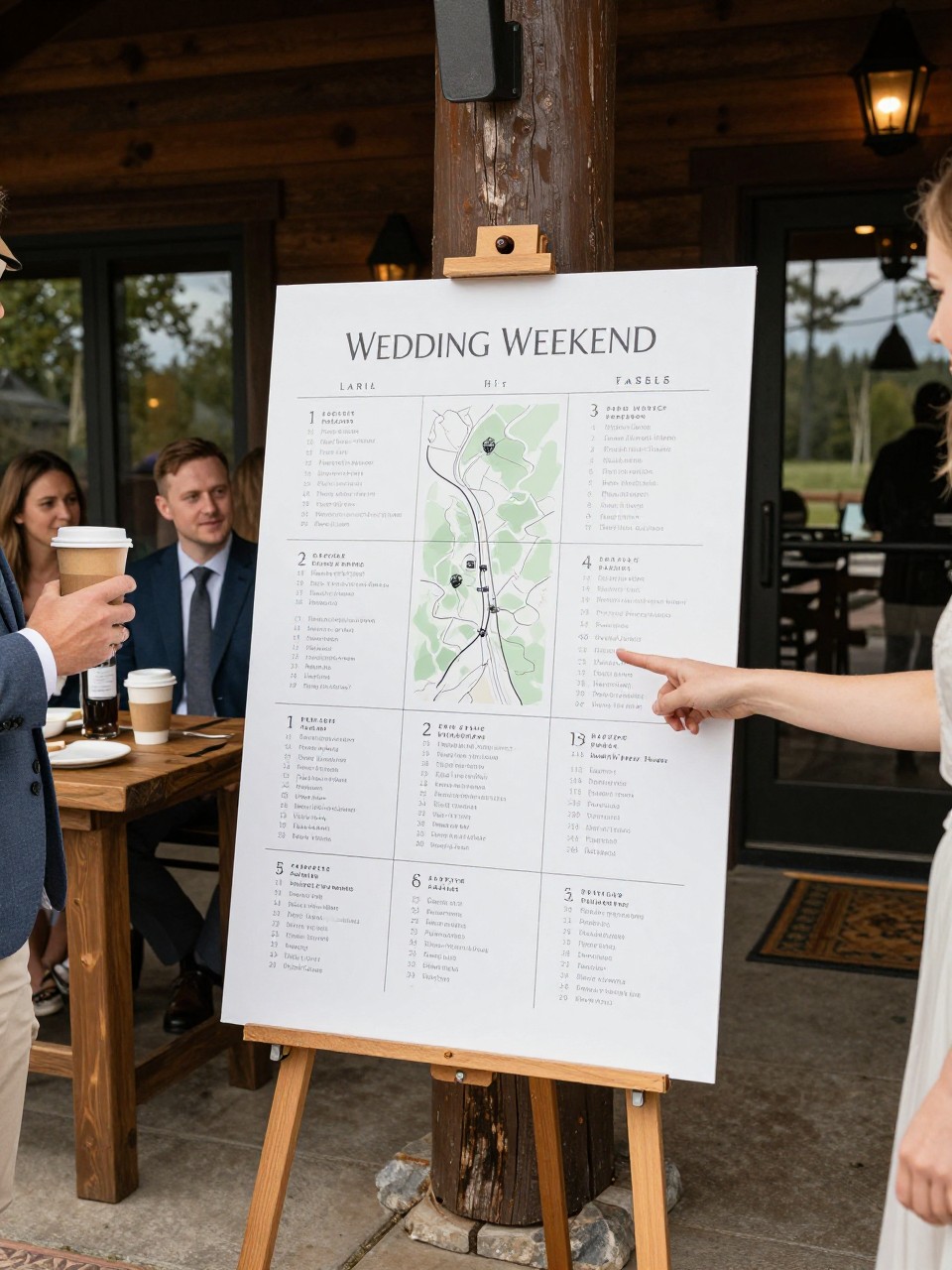 Photo of a trail map style wedding weekend schedule board on an easel near a camp lodge entrance with small map icons and simple text, camera angle: guest table angle, setting: lodge entry area, lighting: natural daylight, containing subtle real wedding activity such as guests pointing at the schedule and holding coffee cups, latest iPhone photo quality.