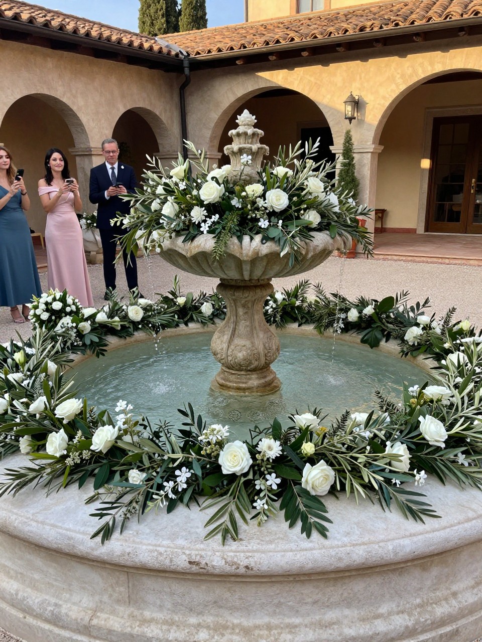 Photo of a stone courtyard fountain with a low floral and olive greenery arrangement around the edge, water softly flowing, camera angle: guest table angle, setting: villa courtyard fountain area, lighting: golden hour, containing subtle real wedding activity such as guests pausing for photos and a bouquet resting on the fountain ledge, latest iPhone photo quality.