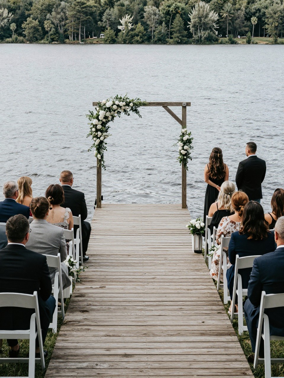 Photo of a lakeside dock ceremony with a simple aisle, light greenery tied to dock posts, and chairs set on the shore facing the water, camera angle: wide ceremony view, setting: lake dock ceremony area, lighting: natural daylight, containing subtle real wedding activity such as guests settling into seats and the couple walking toward the dock, latest iPhone photo quality.
