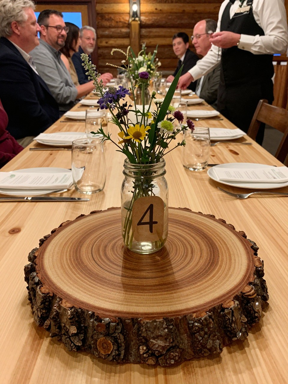 Photo of wood slice table numbers on rustic lodge reception tables with mason jar wildflowers and simple place settings, camera angle: detail close-up, setting: camp lodge dining hall reception, lighting: soft reception lighting, containing subtle real wedding activity such as guests chatting at tables and a server placing water glasses, latest iPhone photo quality.