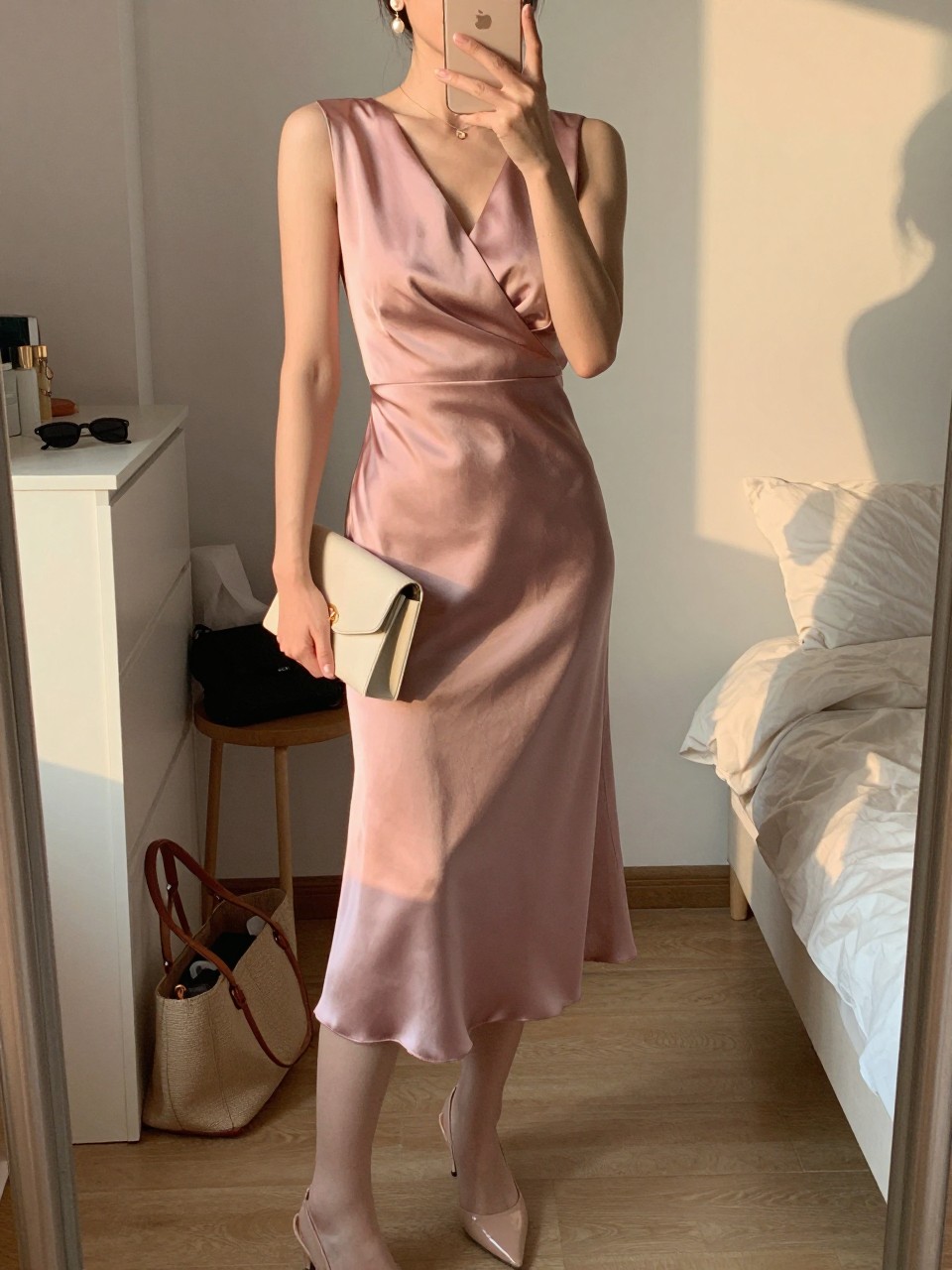 mirror selfie of a woman wearing a dusty rose wrap midi dress in satin, pearl drop earrings, nude slingback heels, and a small cream clutch, holding a phone in front of a mirror, cropped at NECK so face doesn't show, with a natural casual selfie pose, in a feminine-themed bedroom, evening golden hour, including small lived-in details like a tote bag on the floor, sunglasses on a dresser, or soft bedding in the background, latest iPhone photo quality.