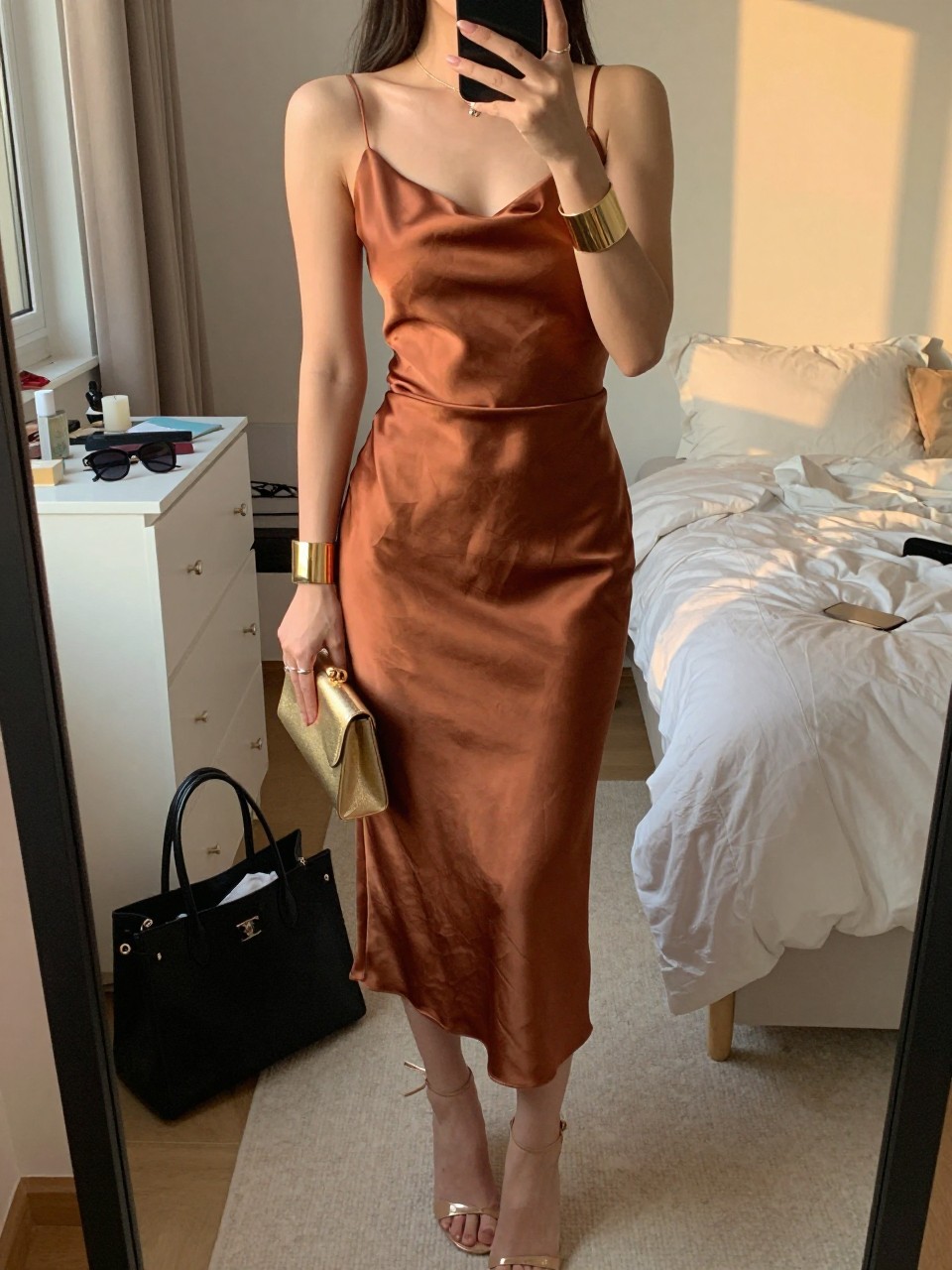 mirror selfie of a woman wearing a copper satin midi dress with a smooth fit, a bold gold cuff bracelet, nude strappy heels, and a small gold clutch, holding a phone in front of a mirror, cropped at NECK so face doesn't show, with a natural casual selfie pose, in a feminine-themed bedroom, evening golden hour, including small lived-in details like a tote bag on the floor, sunglasses on a dresser, or soft bedding in the background, latest iPhone photo quality.