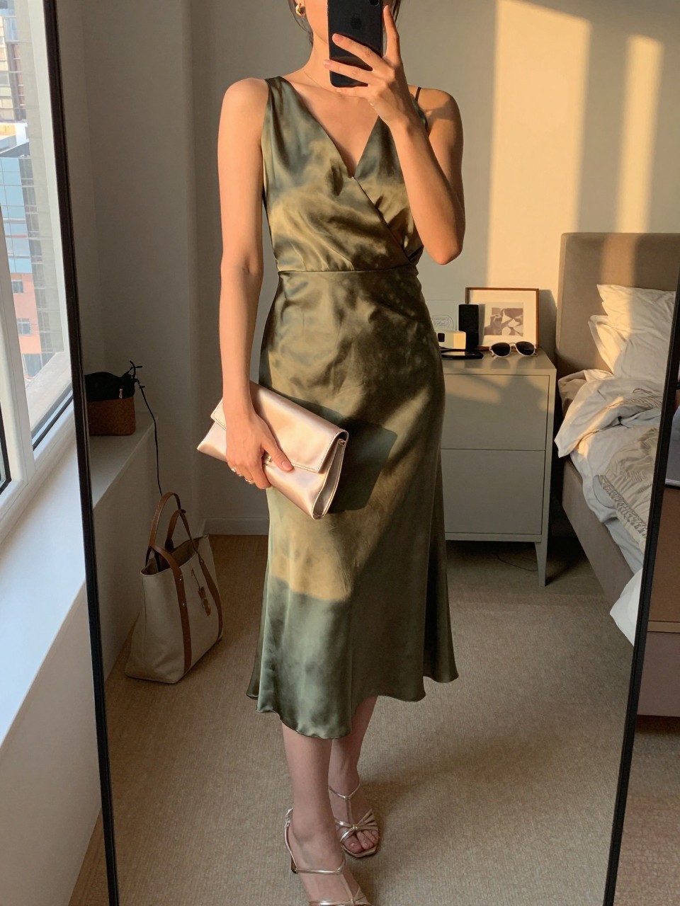mirror selfie of a woman wearing an olive green satin wrap dress, champagne strappy heels, small gold hoop earrings, and a champagne satin clutch, holding a phone in front of a mirror, cropped at NECK so face doesn't show, with a natural casual selfie pose, in a city apartment, evening golden hour, including small lived-in details like a tote bag on the floor, sunglasses on a dresser, or soft bedding in the background, latest iPhone photo quality.