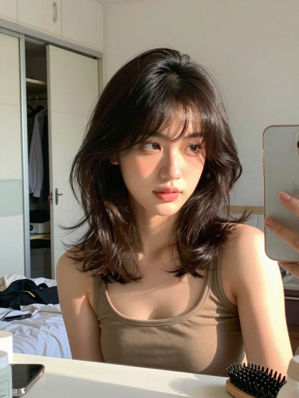 Photo of a woman wearing a classic blowout with soft curtain bangs and smooth volume, candid mirror selfie, setting in a sun-drenched bedroom, lighting natural window light, containing a small lived-in detail such as a slightly open closet behind and a hairbrush on the vanity, latest iPhone photo quality.