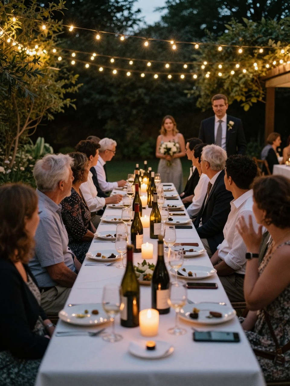 Photo of garden reception tables under warm string lights with guests seated and chatting, wine bottles and candles glowing down the center of the tables, camera angle: guest table angle, setting: outdoor garden venue reception area, lighting: soft reception lighting, containing subtle real wedding activity such as a couple walking past between tables and a half-finished glass of wine resting near a plate, latest iPhone photo quality.