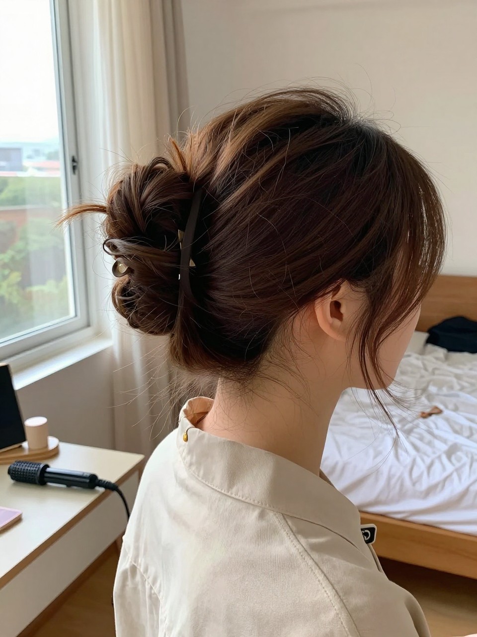 Photo of a woman wearing a messy French twist with soft face-framing pieces, back-of-head view to highlight twist detail, setting in a sun-drenched bedroom, lighting natural window light, containing a small lived-in detail such as a hair clip clipped to the collar and a curling iron on the counter, latest iPhone photo quality.