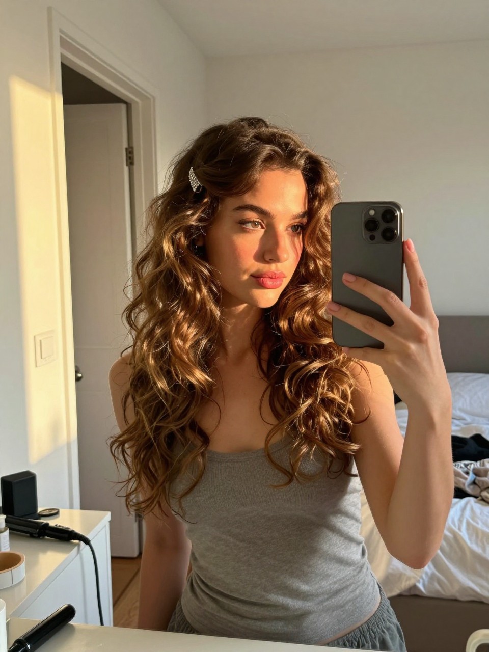 Photo of a woman wearing romantic loose waves with one side pinned back using a small sparkly clip, candid mirror selfie, setting in a sun-drenched bedroom, lighting golden hour glow, containing a small lived-in detail such as a curling iron on the counter and a slightly open closet behind, latest iPhone photo quality.