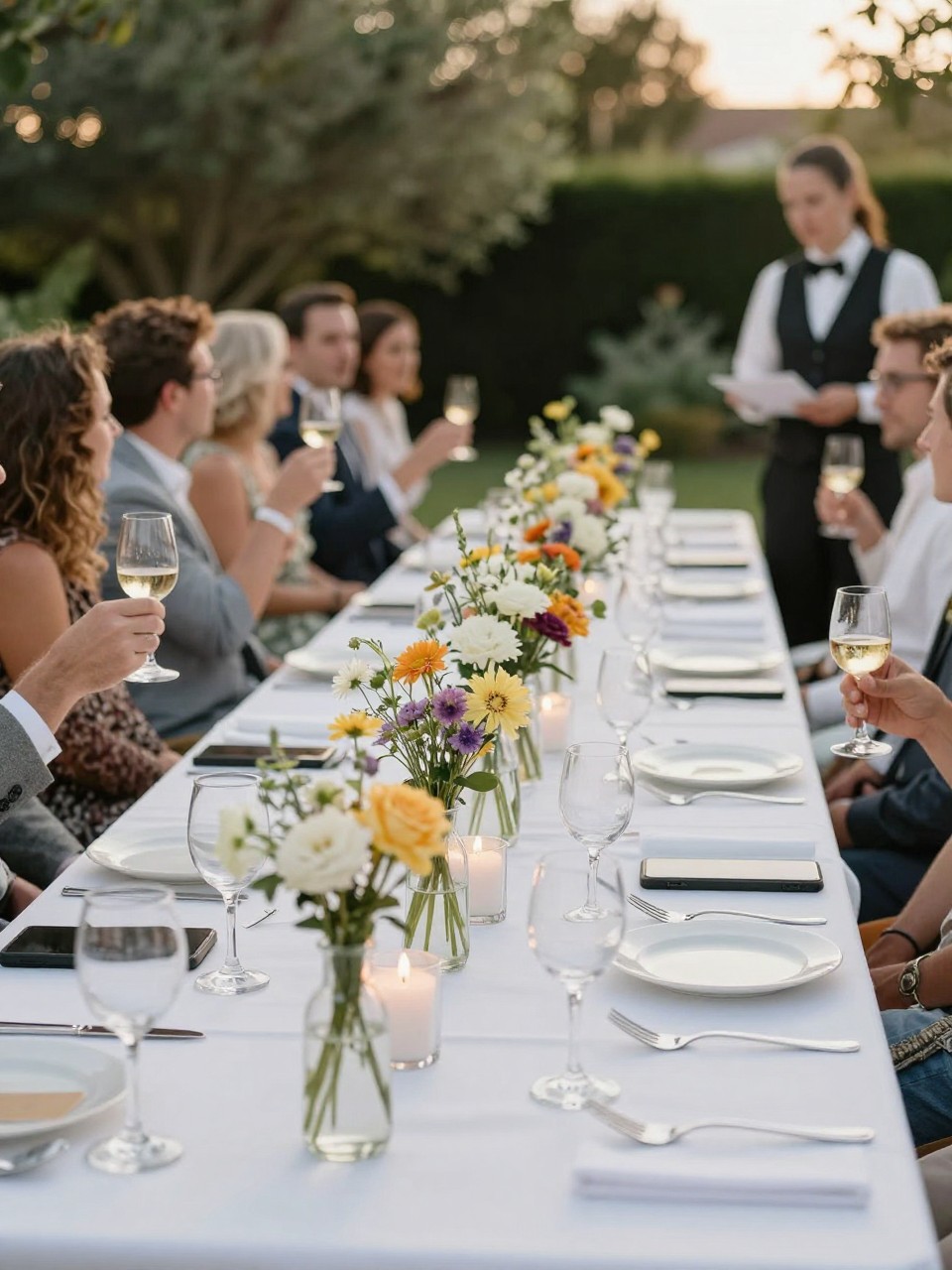 Photo of a long summer reception table with a line of small bud vases filled with mixed blooms and a few candles between them, camera angle: guest table angle, setting: outdoor garden reception tables, lighting: golden hour, containing subtle real wedding activity such as guests raising glasses and a server walking past, latest iPhone photo quality.