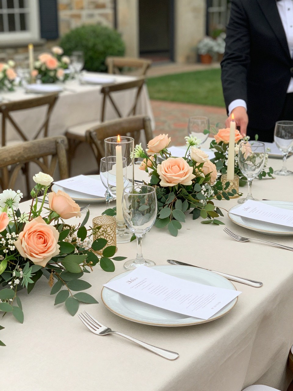 Photo of a late summer courtyard reception table with buttercream linens, peach florals, simple greenery, and candle clusters, camera angle: detail close-up, setting: stone courtyard reception tables, lighting: soft reception lighting, containing subtle real wedding activity such as a server placing glasses and a menu resting near a plate, latest iPhone photo quality.