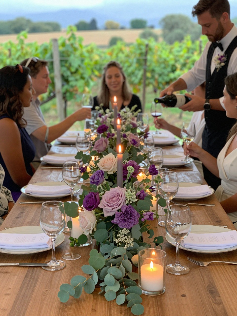 Photo of a late summer vineyard dinner table with mauve florals, eucalyptus garlands, and candle clusters along the center, camera angle: guest table angle, setting: vineyard reception dinner, lighting: candlelight glow, containing subtle real wedding activity such as guests clinking glasses and a server pouring wine, latest iPhone photo quality.