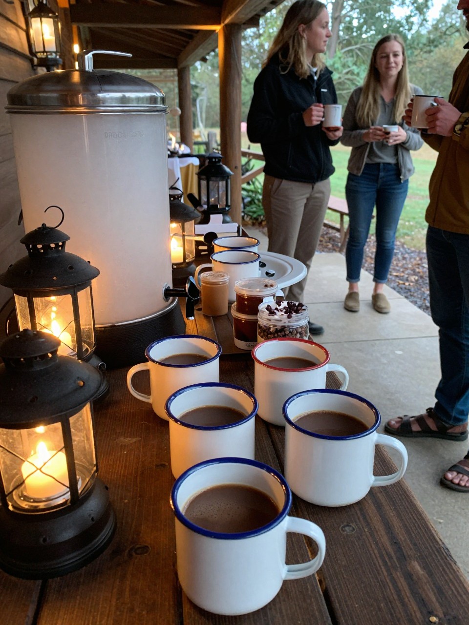 Photo of a camp mug hot cocoa station with enamel mugs, a hot cocoa dispenser, toppings in small jars, and lanterns glowing nearby, camera angle: detail close-up, setting: lodge porch or fire pit area, lighting: candlelight glow with soft reception lighting, containing subtle real wedding activity such as guests pouring cocoa and holding mugs while chatting, latest iPhone photo quality.