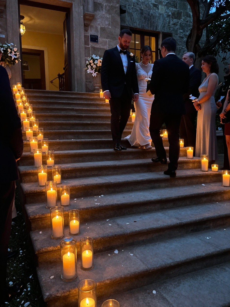 Photo of a candlelit stone staircase in a villa courtyard with warm glowing candles in glass holders lining the steps, camera angle: wide ceremony view, setting: stone courtyard staircase exit, lighting: candlelight glow, containing subtle real wedding activity such as the couple walking down the steps while guests watch and a few petals scattered on the stairs, latest iPhone photo quality.