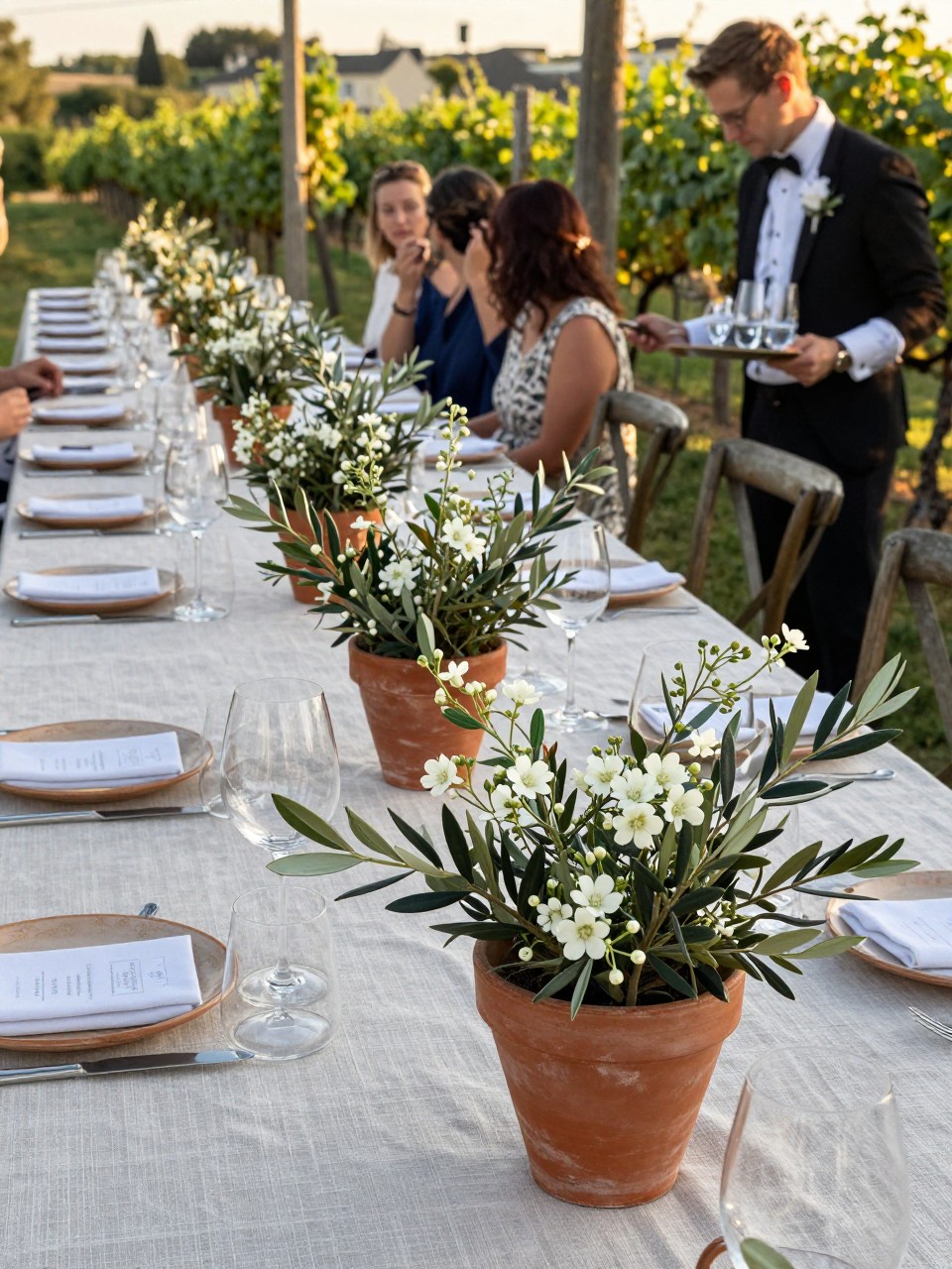 Photo of terracotta pots filled with olive branches and small white flowers running down a long outdoor vineyard reception table with linen runners and wine glasses, camera angle: guest table angle, setting: vineyard patio reception tables, lighting: golden hour, containing subtle real wedding activity such as guests chatting nearby and a server placing glasses, latest iPhone photo quality.