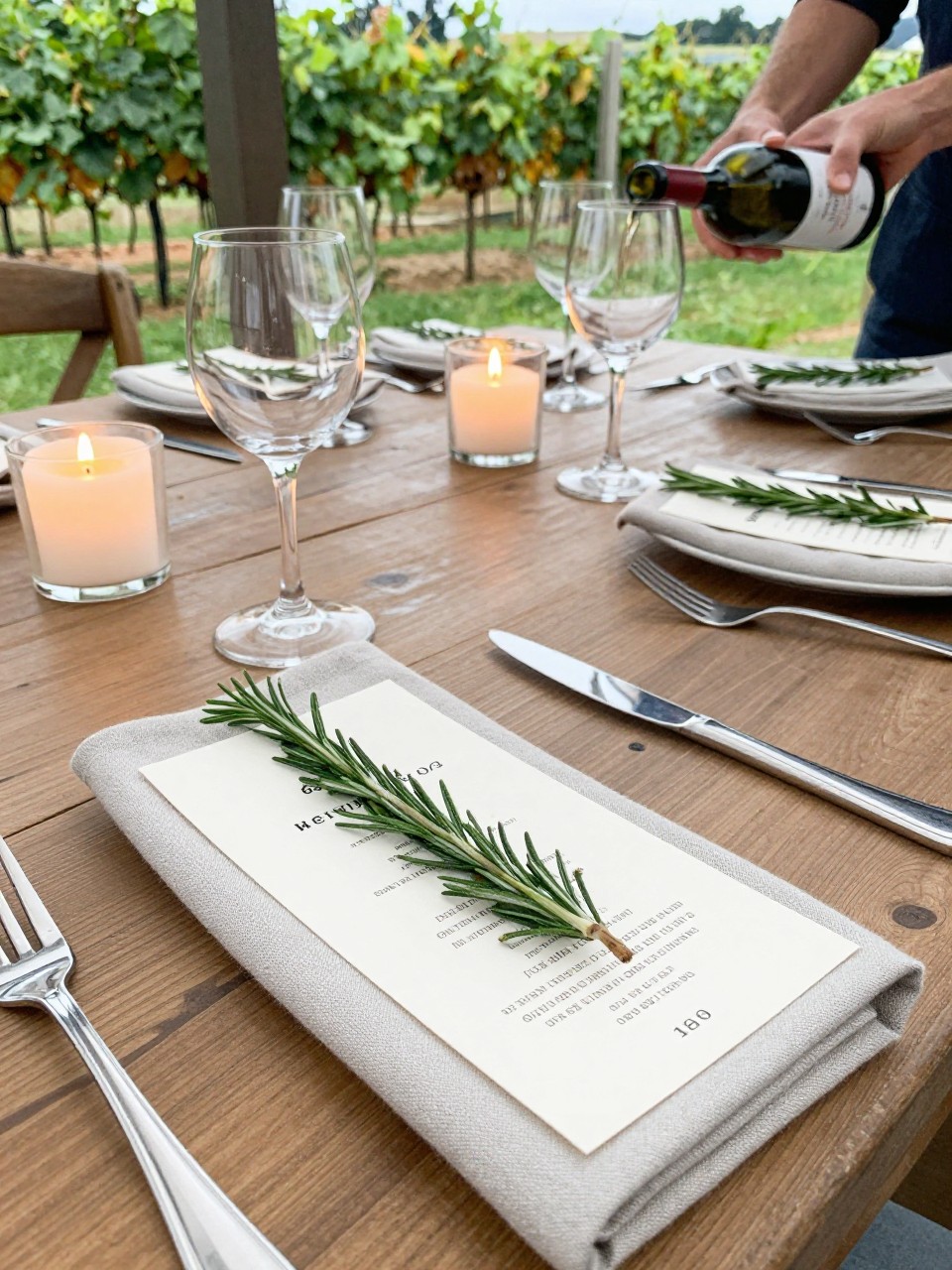 Photo of dinner menus tied with rosemary sprigs placed on linen napkins at each setting on a vineyard reception table with wine glasses and candles, camera angle: detail close-up, setting: vineyard reception tables, lighting: candlelight glow, containing subtle real wedding activity such as a guest pulling out their chair and a wine bottle being poured nearby, latest iPhone photo quality.