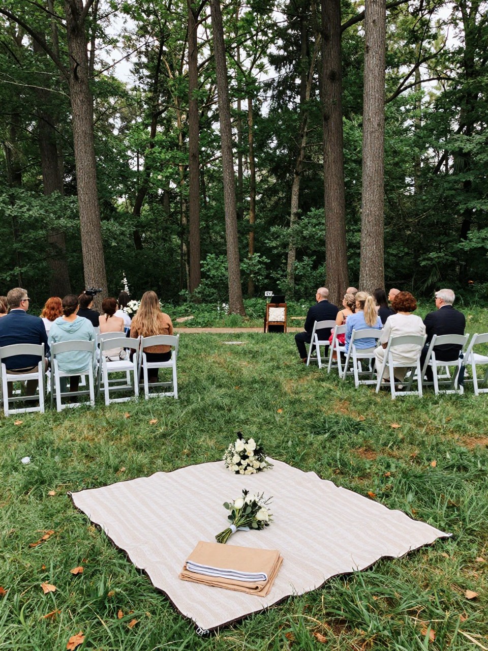 Photo of picnic blanket seating arranged in rows under tall camp trees with a clear aisle and a few chairs in the back, camera angle: wide ceremony view, setting: wooded camp ceremony lawn, lighting: natural daylight, containing subtle real wedding activity such as guests choosing spots and a bouquet resting on a folded blanket, latest iPhone photo quality.