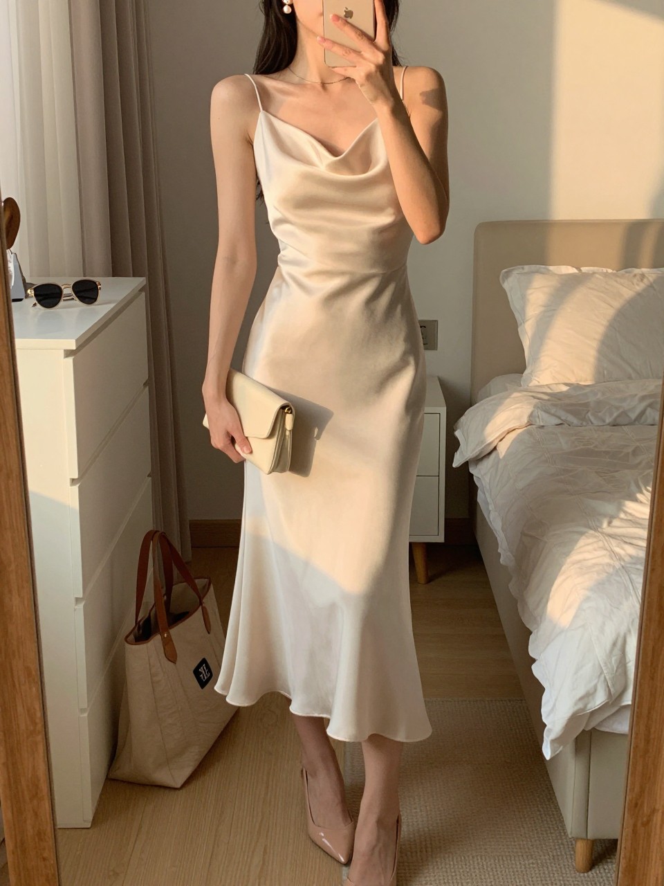 mirror selfie of a woman wearing a buttercream midi dress in crepe or satin, nude slingback heels, small pearl drop earrings, and a small cream clutch, holding a phone in front of a mirror, cropped at NECK so face doesn't show, with a natural casual selfie pose, in a feminine-themed bedroom, evening golden hour, including small lived-in details like a tote bag on the floor, sunglasses on a dresser, or soft bedding in the background, latest iPhone photo quality.