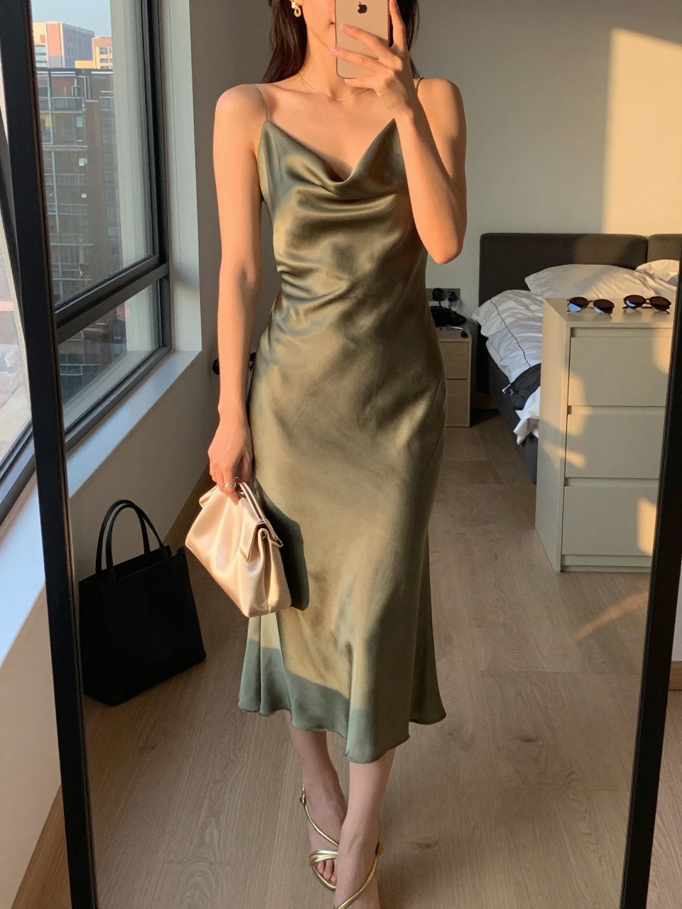 mirror selfie of a woman wearing an olive satin midi dress with a draped neckline, gold strappy heeled sandals, small gold drop earrings, and a champagne satin clutch, holding a phone in front of a mirror, cropped at NECK so face doesn't show, with a natural casual selfie pose, in a city apartment, evening golden hour, including small lived-in details like a tote bag on the floor, sunglasses on a dresser, or soft bedding in the background, latest iPhone photo quality.