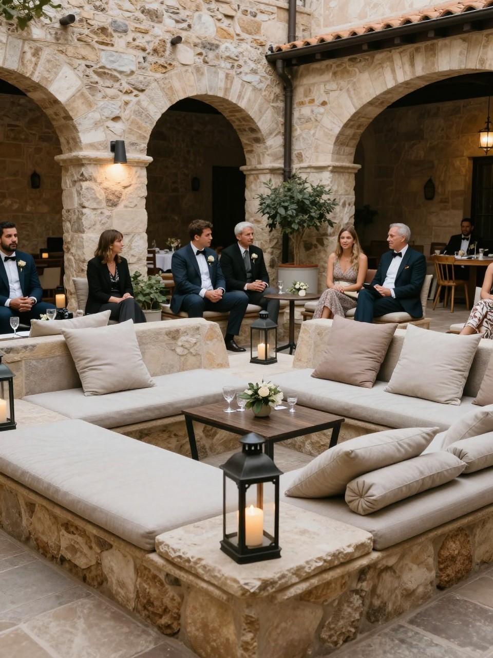 Photo of a cozy lounge corner in a rustic stone courtyard with low seating, neutral cushions, small lanterns, and a few side tables with glasses, camera angle: wide ceremony view, setting: courtyard lounge area, lighting: soft reception lighting, containing subtle real wedding activity such as guests sitting and chatting with a clutch bag resting on a cushion, latest iPhone photo quality.