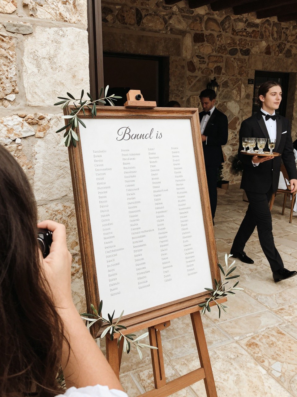 Photo of a vintage wooden frame seating chart on an easel near a rustic stone courtyard entrance with olive branches tucked around the edges, camera angle: over-the-shoulder candid, setting: courtyard entry area, lighting: natural daylight, containing subtle real wedding activity such as guests pointing at names and a server walking past with a tray of drinks, latest iPhone photo quality.