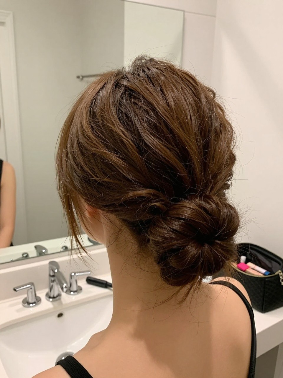 Photo of a woman wearing a loose textured low bun with a few soft face-framing pieces, back-of-head view to highlight bun detail, setting in a bathroom vanity mirror, lighting soft indoor lighting, containing a small lived-in detail such as a curling iron on the counter and a makeup bag nearby, latest iPhone photo quality.