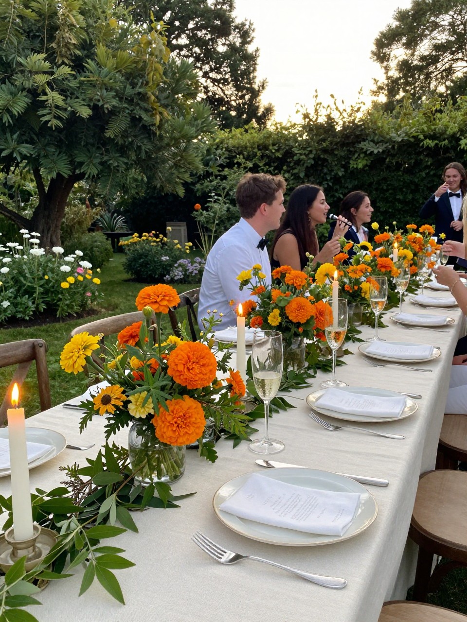 Photo of a late summer garden reception table with cream linens, marigold floral arrangements, greenery accents, and candles glowing, camera angle: detail close-up, setting: outdoor garden reception, lighting: golden hour, containing subtle real wedding activity such as guests laughing nearby and champagne glasses on the table, latest iPhone photo quality.