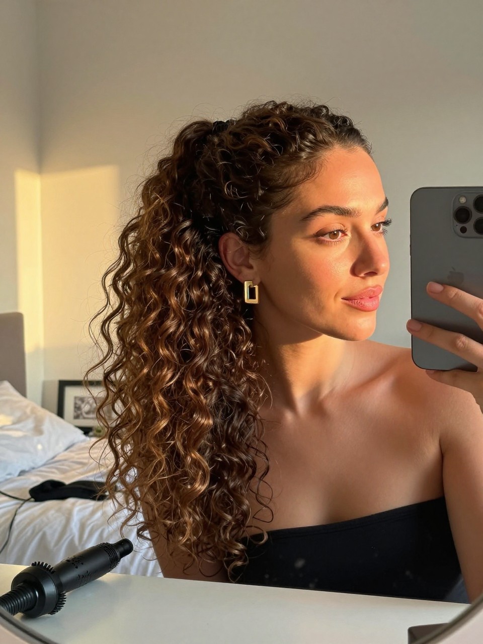 Photo of a woman wearing a curled half-up ponytail with visible crown volume and soft curls, candid mirror selfie, setting in a sun-drenched bedroom, lighting golden hour glow, containing a small lived-in detail such as a curling iron on the counter and statement earrings peeking through, latest iPhone photo quality.