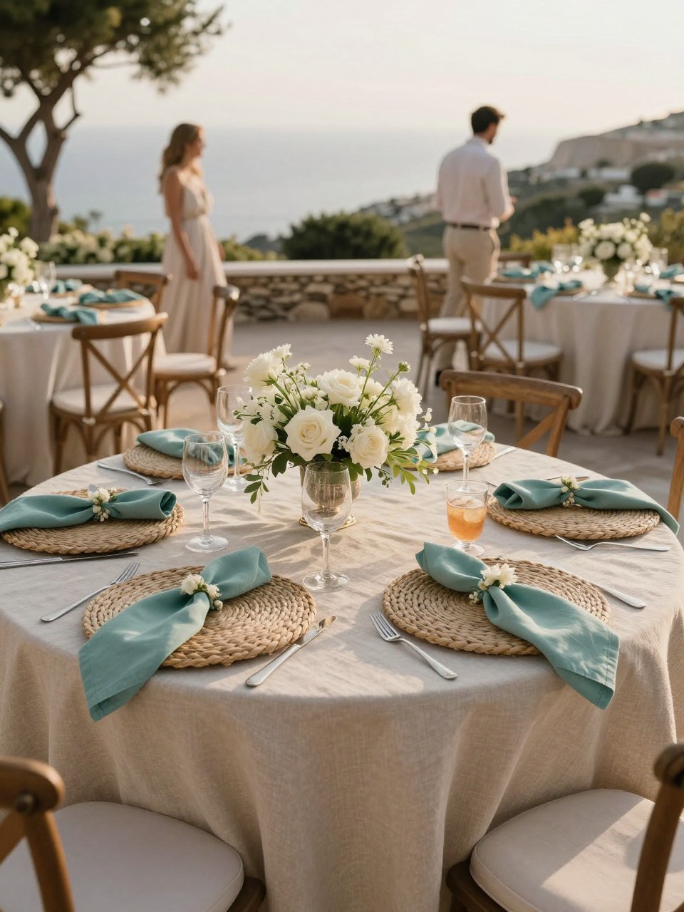 Photo of a late summer Mediterranean terrace table with sandy linens, aqua napkins, white florals, and woven chargers, camera angle: guest table angle, setting: terrace reception tables, lighting: golden hour, containing subtle real wedding activity such as a couple walking past and a drink resting on the table, latest iPhone photo quality.