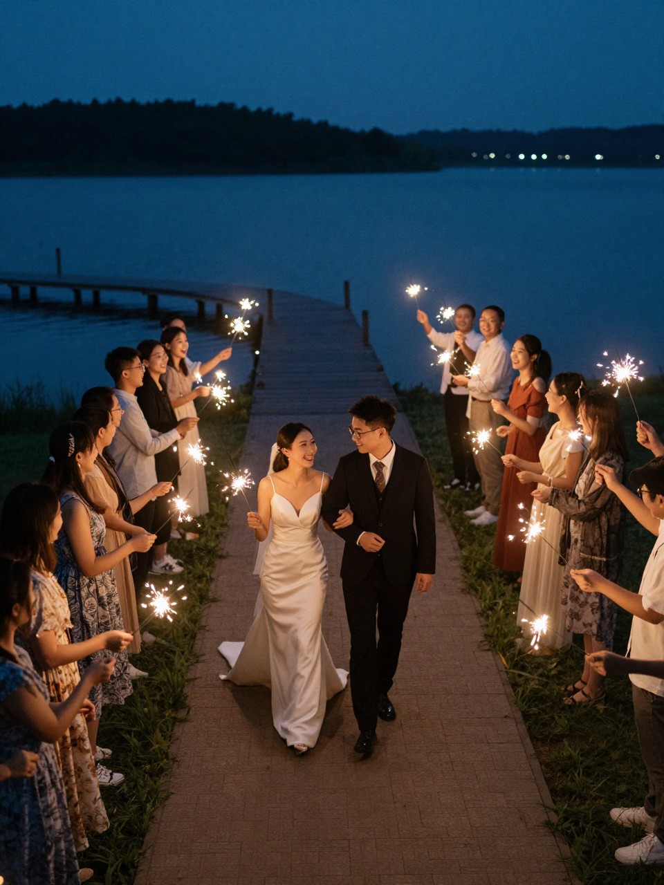 Photo of a sparkler send-off on a lakeside camp path with guests holding sparklers in two lines and the couple walking through smiling, camera angle: wide ceremony view, setting: lakeside path near the dock at night, lighting: sparkler glow and soft ambient camp lighting, containing subtle real wedding activity such as guests laughing and a friend holding extra sparklers in the background, latest iPhone photo quality.