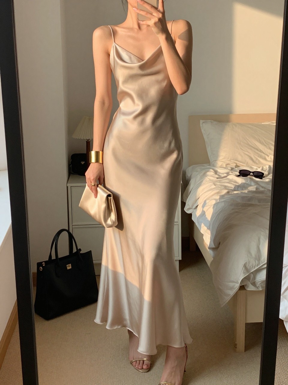 mirror selfie of a woman wearing a champagne silk slip floor-length gown with a drapey bias cut, a bold gold cuff bracelet, nude or gold strappy heels, and a small champagne satin clutch, holding a phone in front of a mirror, cropped at NECK so face doesn't show, with a natural casual selfie pose, in a feminine-themed bedroom, evening golden hour, including small lived-in details like a tote bag on the floor, sunglasses on a dresser, or soft bedding in the background, latest iPhone photo quality.