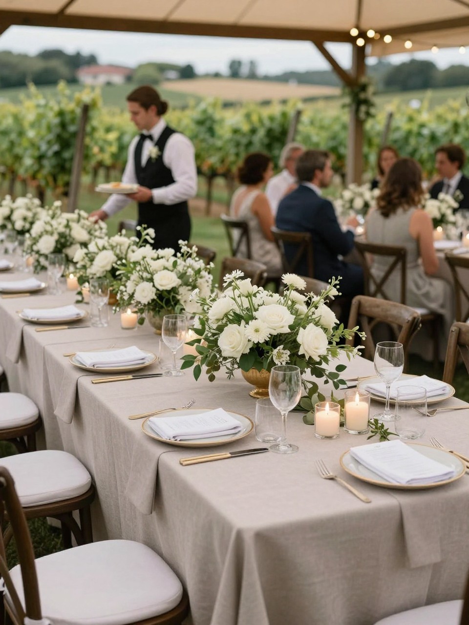 Photo of a late summer vineyard reception table with soft taupe linens, white florals, simple greenery, and warm ivory candles, camera angle: guest table angle, setting: vineyard patio reception tables, lighting: soft reception lighting, containing subtle real wedding activity such as a server placing plates and guests chatting in the background, latest iPhone photo quality.