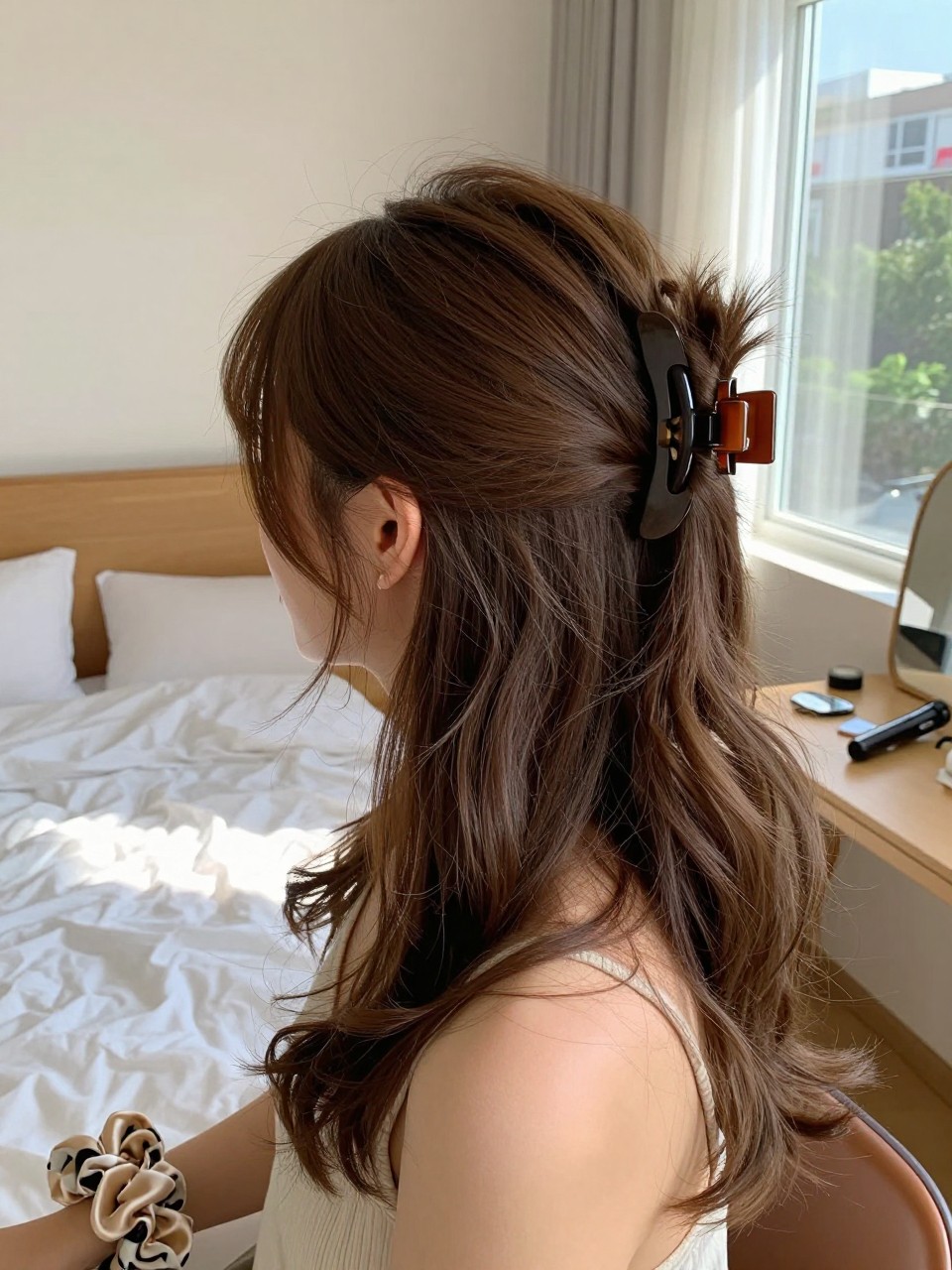Photo of a woman wearing a half-up claw clip twist with soft waves, side profile view to show the twist and clip, setting in a sun-drenched bedroom, lighting natural window light, containing a small lived-in detail such as a silk scrunchie on the wrist and a curling iron on the counter, latest iPhone photo quality.