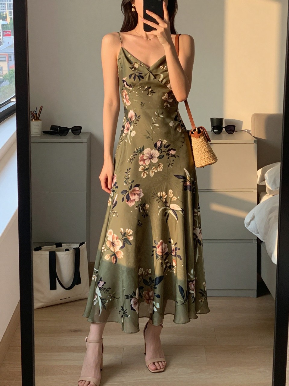 mirror selfie of a woman wearing an olive floral chiffon maxi dress with a flowy skirt, nude block heels, small gold drop earrings, and a small woven mini bag, holding a phone in front of a mirror, cropped at NECK so face doesn't show, with a natural casual selfie pose, in a city apartment, evening golden hour, including small lived-in details like a tote bag on the floor, sunglasses on a dresser, or soft bedding in the background, latest iPhone photo quality.