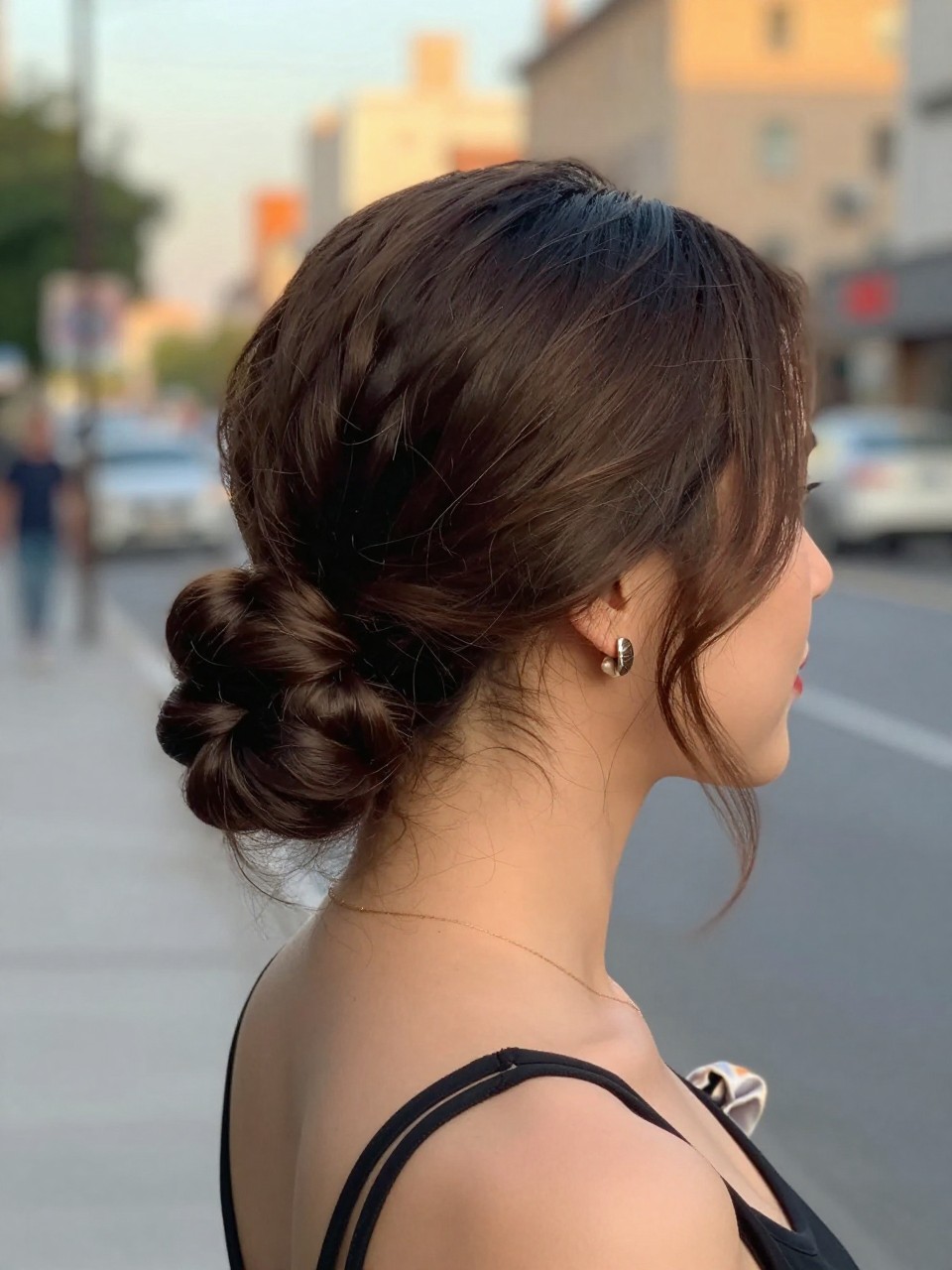 Photo of a woman wearing a side-swept low bun with soft waves and a gentle side part, side profile view to show the sweep, setting in a softly blurred city street background, lighting golden hour glow, containing a small lived-in detail such as statement earrings peeking through and a silk scrunchie on the wrist, latest iPhone photo quality.