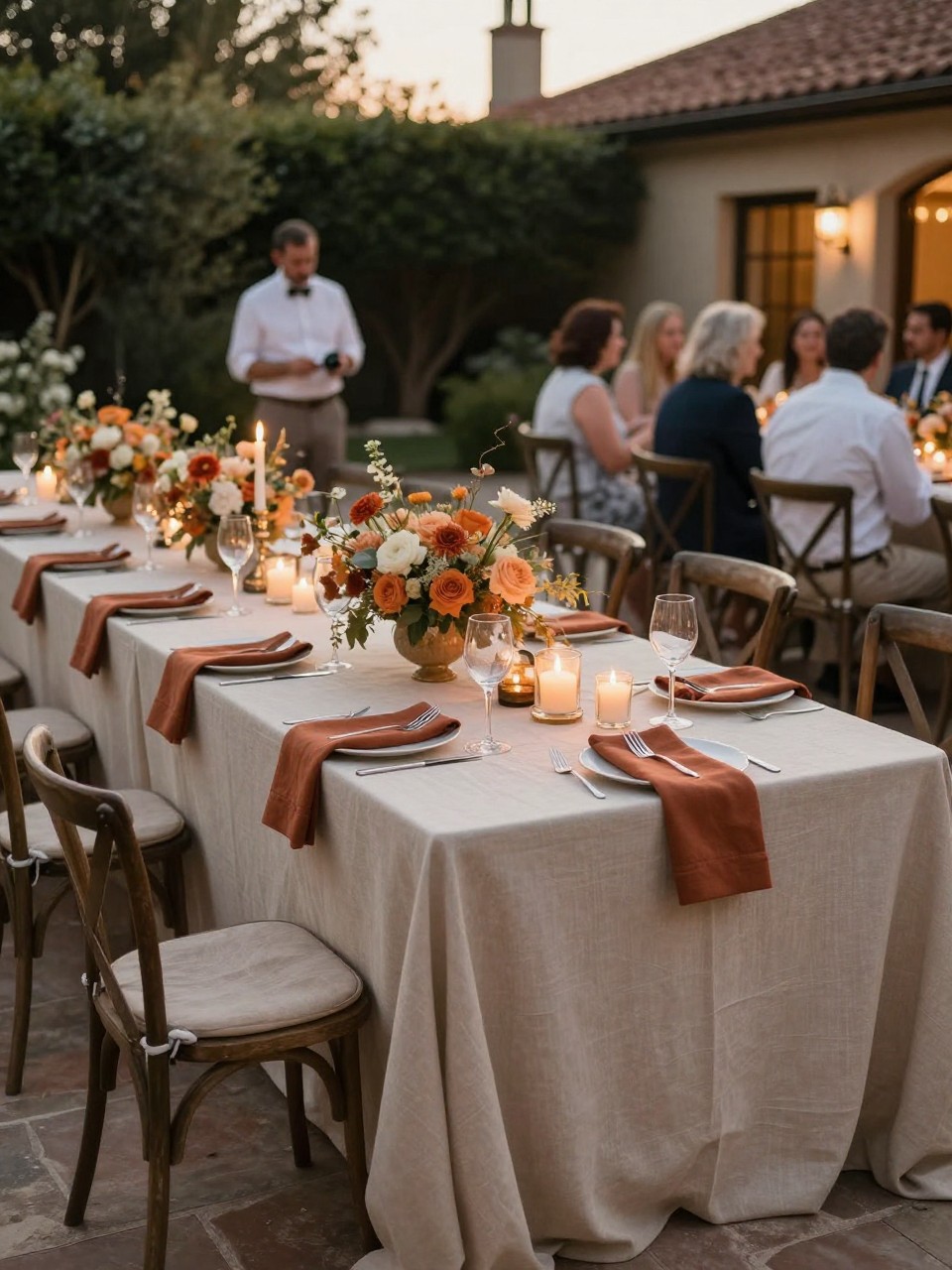 Photo of a late summer stone courtyard reception table with beige linens, rust napkins, warm florals, and candles glowing, camera angle: guest table angle, setting: courtyard reception tables, lighting: golden hour, containing subtle real wedding activity such as wine glasses on the table and guests chatting nearby, latest iPhone photo quality.