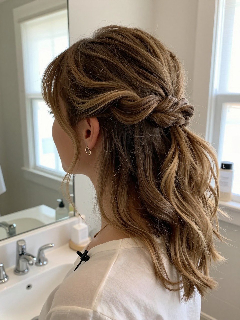 Photo of a woman wearing a soft half-up twisted crown with loose waves flowing down, side profile view to show the twist detail, setting in a bathroom vanity mirror, lighting natural window light, containing a small lived-in detail such as a hair clip clipped to the collar and statement earrings peeking through, latest iPhone photo quality.