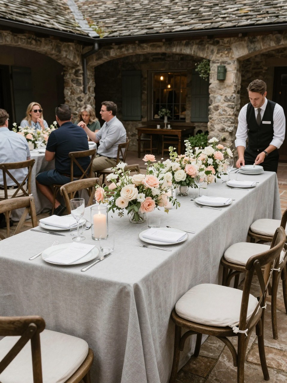 Photo of a late summer stone courtyard reception table with pale gray linens, blush florals, clear glass candles, and simple place settings, camera angle: guest table angle, setting: rustic stone courtyard reception, lighting: soft reception lighting, containing subtle real wedding activity such as guests chatting nearby and a server setting down plates, latest iPhone photo quality.