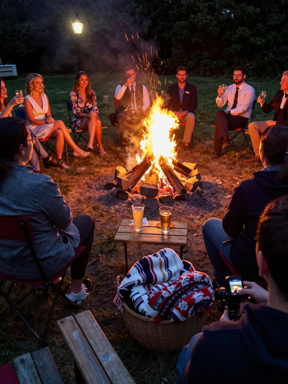 Photo of a campfire circle with benches and camp chairs set up for storytime toasts, a small side table with drinks, and blankets in a basket nearby, camera angle: over-the-shoulder candid, setting: campfire circle area, lighting: firelight and lantern glow, containing subtle real wedding activity such as guests listening and smiling while someone raises a glass, latest iPhone photo quality.
