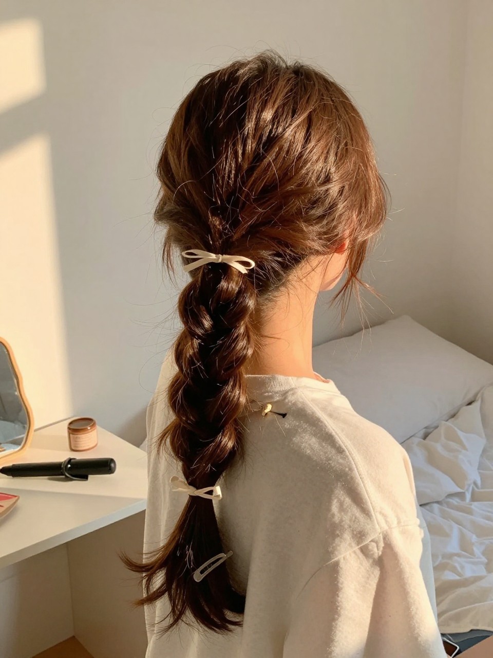 Photo of a woman wearing a loose braid ponytail tied with a simple ribbon, back-of-head view to highlight braid texture, setting in a sun-drenched bedroom, lighting golden hour glow, containing a small lived-in detail such as a curling iron on the counter and a hair clip clipped to the collar, latest iPhone photo quality.