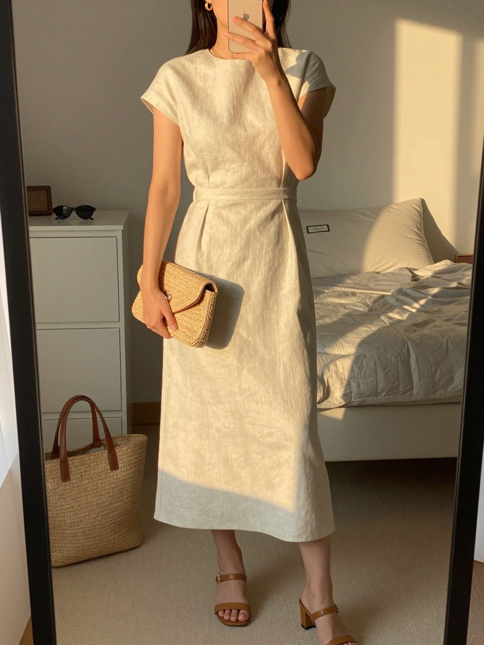 mirror selfie of a woman wearing an ivory linen blend midi dress with a tailored waist, tan heeled sandals, small gold hoop earrings, and a structured straw clutch, holding a phone in front of a mirror, cropped at NECK so face doesn't show, with a natural casual selfie pose, in a feminine-themed bedroom, evening golden hour, including small lived-in details like a tote bag on the floor, sunglasses on a dresser, or soft bedding in the background, latest iPhone photo quality.