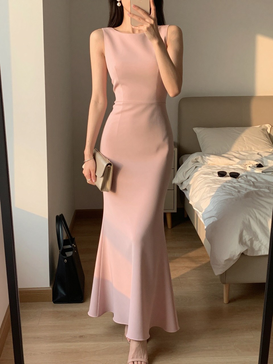 mirror selfie of a woman wearing a soft pink floor-length crepe gown with a smooth fitted shape, pearl drop earrings, nude strappy heels, and a small neutral clutch, holding a phone in front of a mirror, cropped at NECK so face doesn't show, with a natural casual selfie pose, in a feminine-themed bedroom, evening golden hour, including small lived-in details like a tote bag on the floor, sunglasses on a dresser, or soft bedding in the background, latest iPhone photo quality.