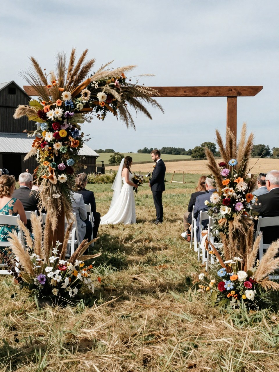 Photo of a rustic ceremony backdrop made of dried grasses and wildflowers framing a wooden arch in a countryside field near a barn, camera angle: wide ceremony view, setting: field ceremony space, lighting: natural daylight, containing subtle real wedding activity such as guests seated and the couple standing near the arch, latest iPhone photo quality.