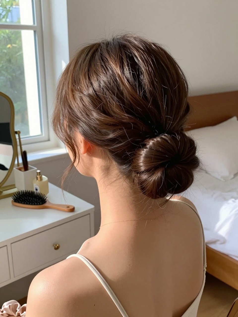 Photo of a woman wearing a sleek middle-part low chignon, back-of-head view to highlight the chignon shape, setting in a sun-drenched bedroom, lighting natural window light, containing a small lived-in detail such as a hairbrush on the vanity and a silk scrunchie on the wrist, latest iPhone photo quality.