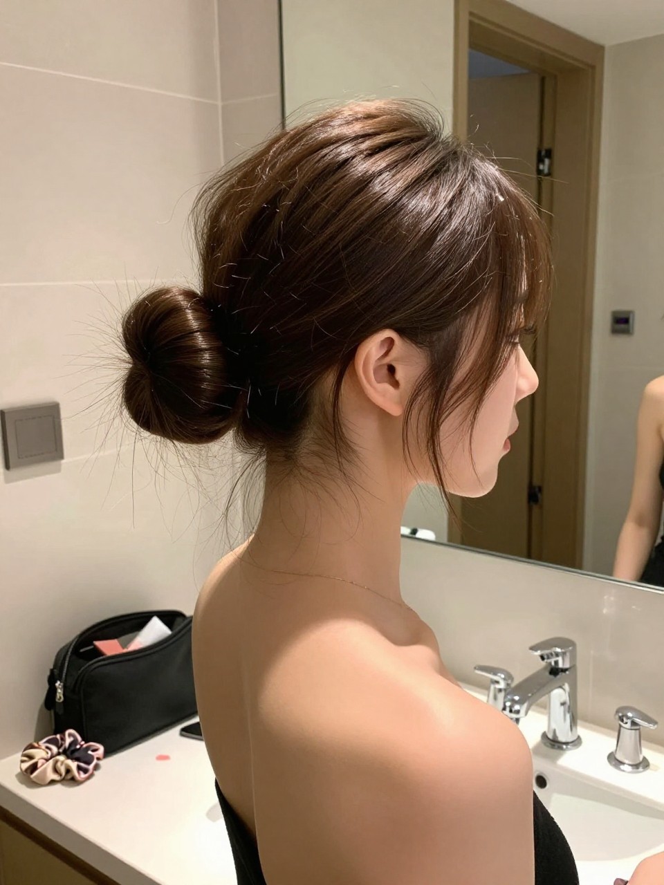 Photo of a woman wearing a sleek top knot with two soft front pieces left out, side profile view to show the bun height, setting in a bathroom vanity mirror, lighting soft indoor lighting, containing a small lived-in detail such as a makeup bag nearby and a silk scrunchie on the wrist, latest iPhone photo quality.