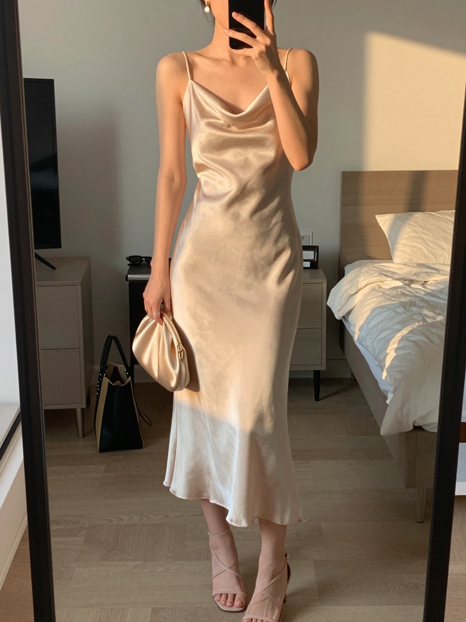 mirror selfie of a woman wearing a champagne satin slip midi dress with a draped neckline, nude strappy heeled sandals, small gold drop earrings, and a satin clutch in champagne, holding a phone in front of a mirror, cropped at NECK so face doesn't show, with a natural casual selfie pose, in a city apartment, evening golden hour, including small lived-in details like a tote bag on the floor, sunglasses on a dresser, or soft bedding in the background, latest iPhone photo quality.
