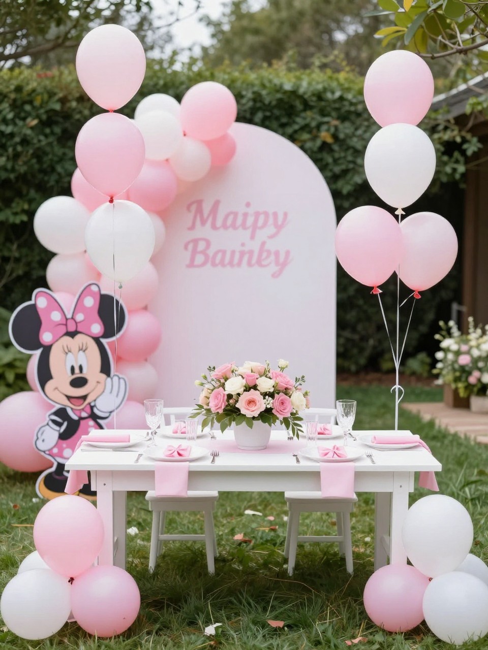 Outdoor garden party setup with pink and white Minnie Mouse themed decorations, balloons, floral centerpieces, and a decorated baby shower table.